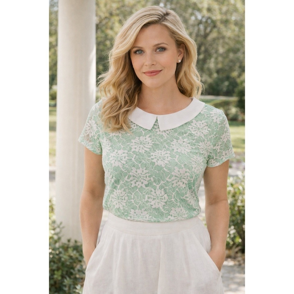Coquette Mint Floral Lace Peter Pan Collar Cottagecore Top Shirt Feminine Sz S‎
